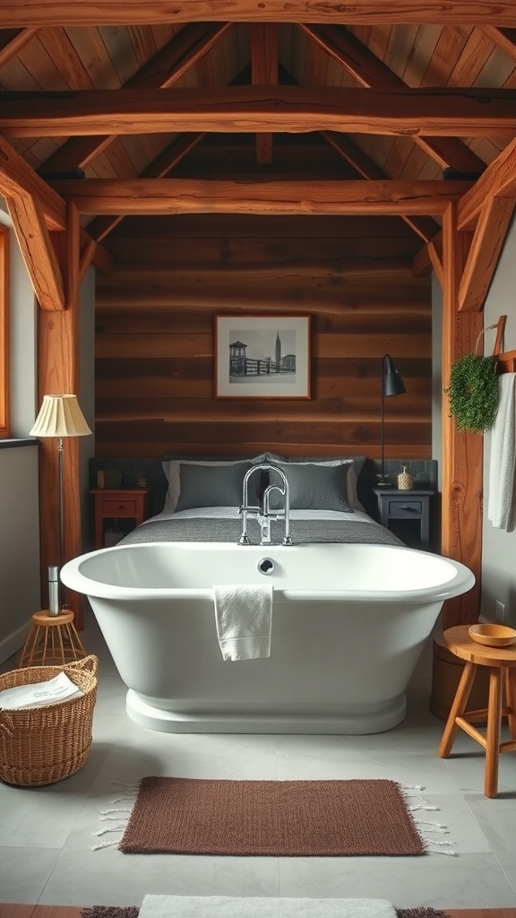 A rustic bathroom featuring a freestanding bathtub, wooden beams, and cozy decor.