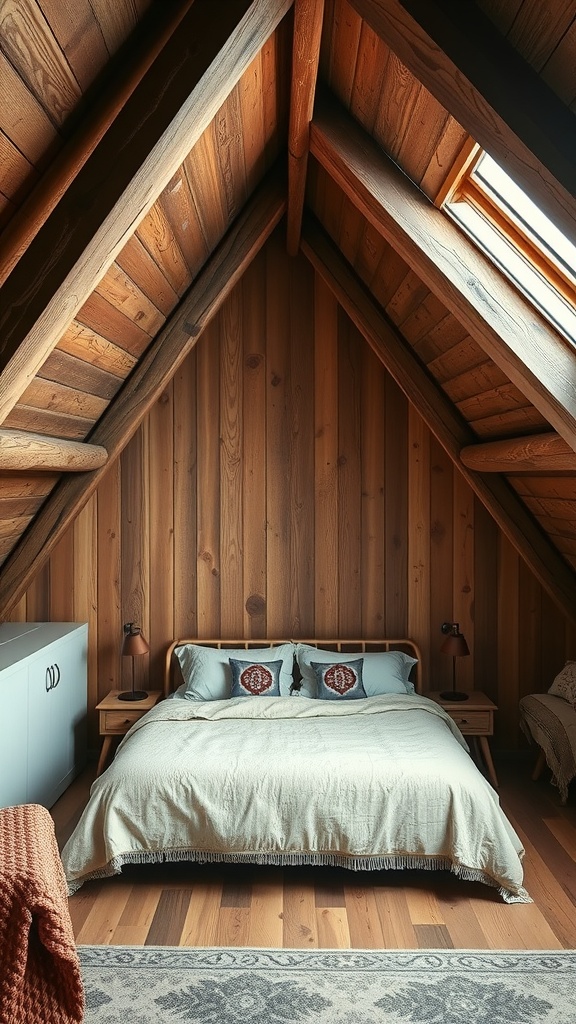 Attic bedroom with wood beams and rustic decor