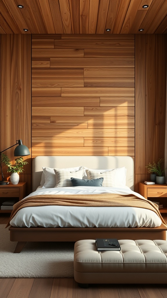 A cozy bedroom featuring wooden wall panels, a comfortable bed with white bedding, and warm lighting.