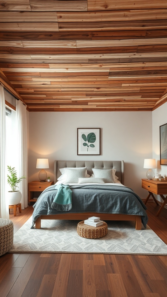 Cozy bedroom featuring a wooden ceiling with warm tones, comfortable bed, and natural decor.