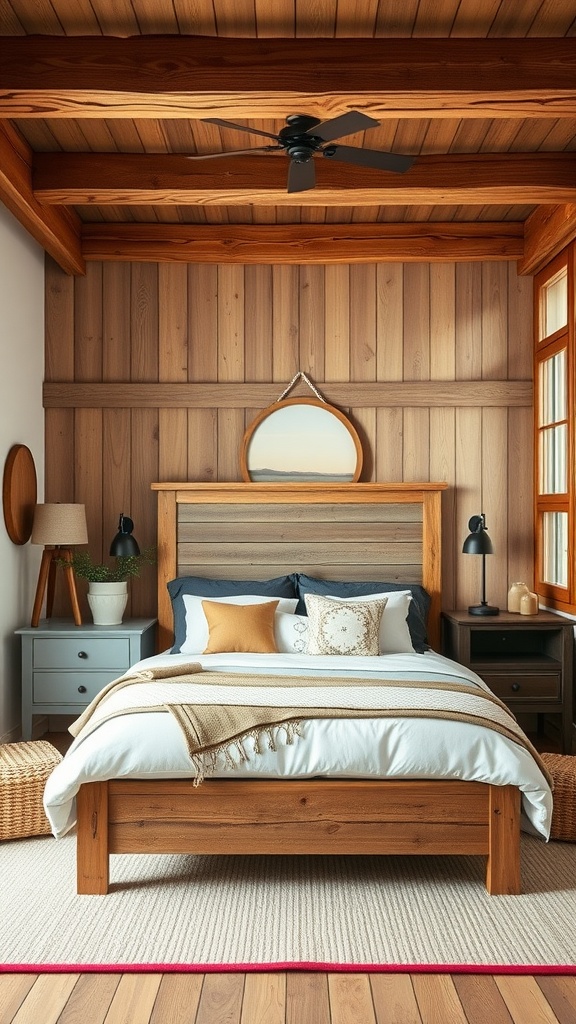 A rustic teen bedroom featuring wooden accents, a comfortable bed, and cozy decor.