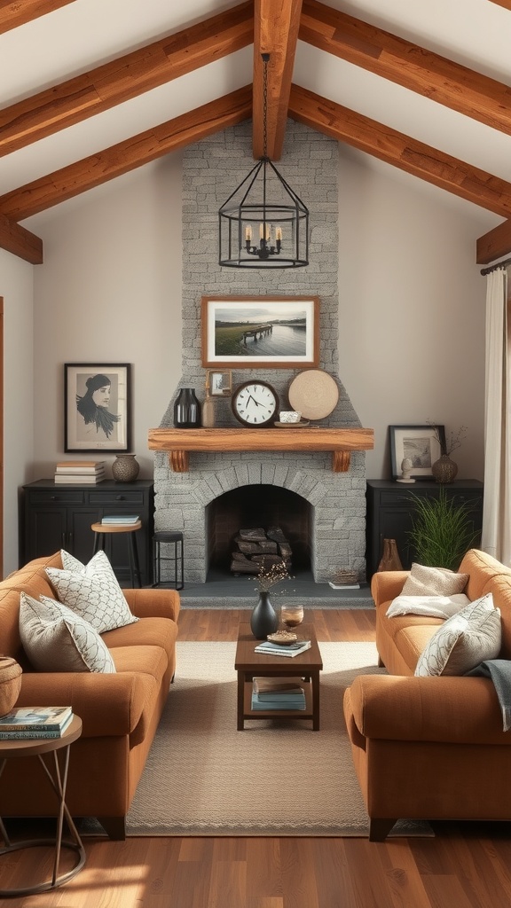 Cozy living room featuring brown sofas, wooden beams, and a stone fireplace
