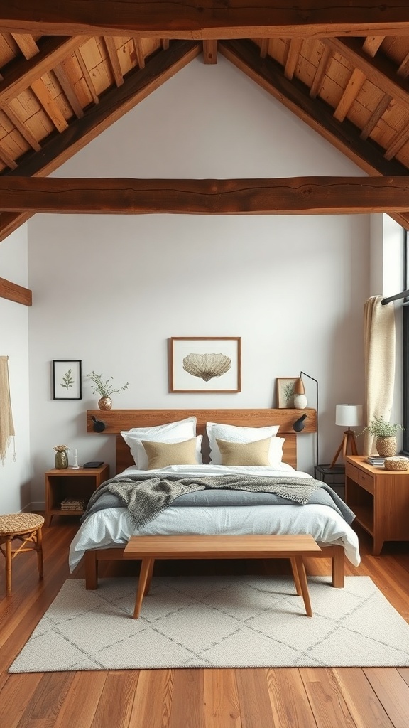 A loft-style bedroom featuring wooden beams, a cozy bed, and minimalist decor.