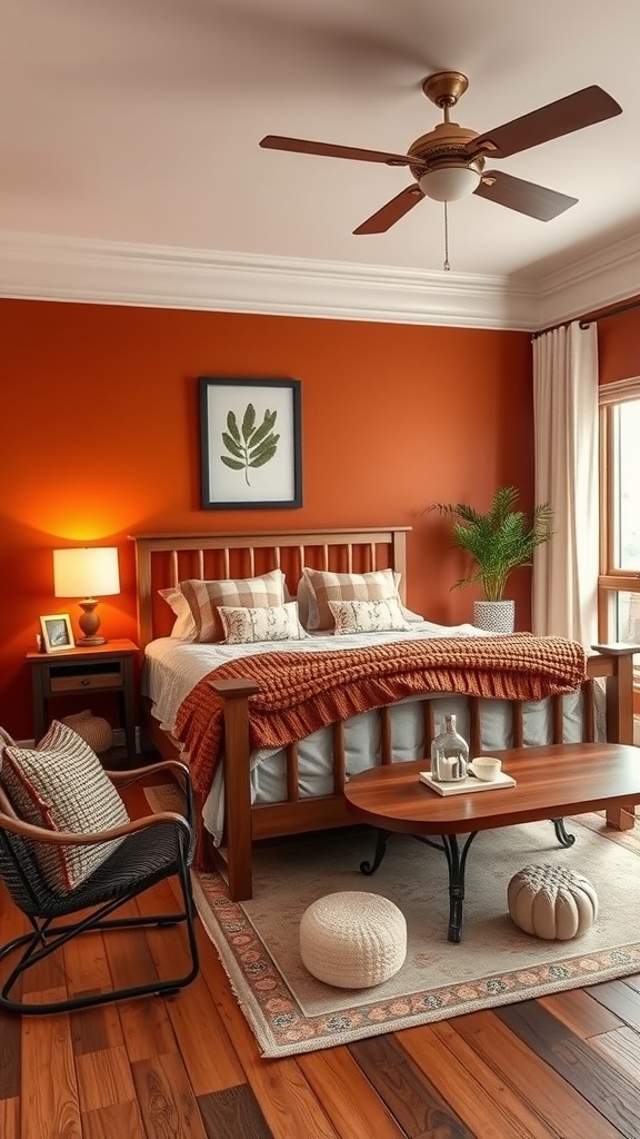 A cozy burnt orange bedroom featuring rustic chic furniture, including a wooden bed frame, plush bedding, and a rocking chair.