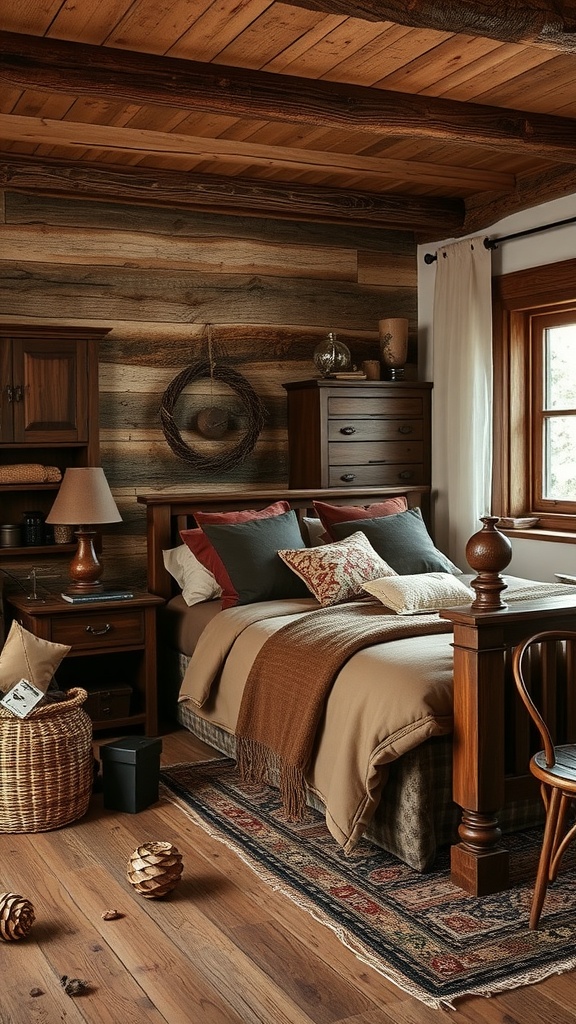A cozy bedroom with rustic chocolate decor featuring wooden walls, a comfortable bed with layered textiles, and natural elements.