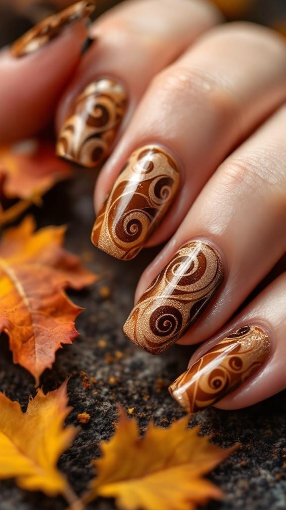 Nails painted in warm brown tones with swirled designs, complemented by silver rings, resting on autumn leaves.