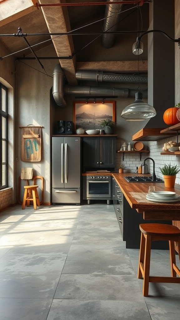 A cozy kitchen featuring rustic concrete finishes, large windows, wooden accents, and stylish decor.