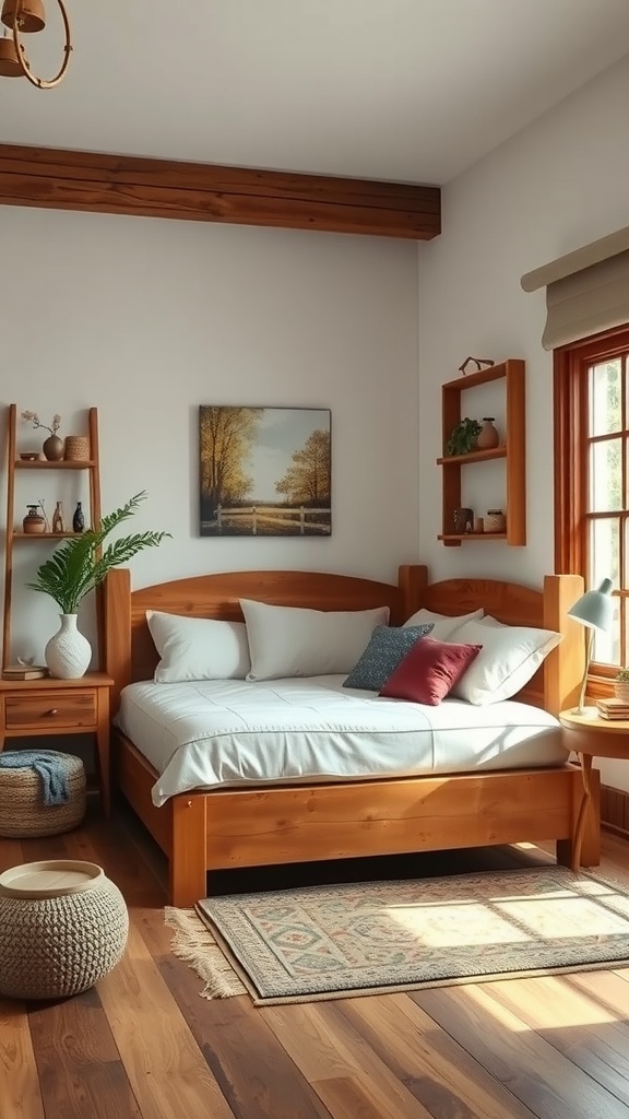 A rustic corner bed with a wooden frame, cozy decor, and warm lighting in a inviting bedroom.