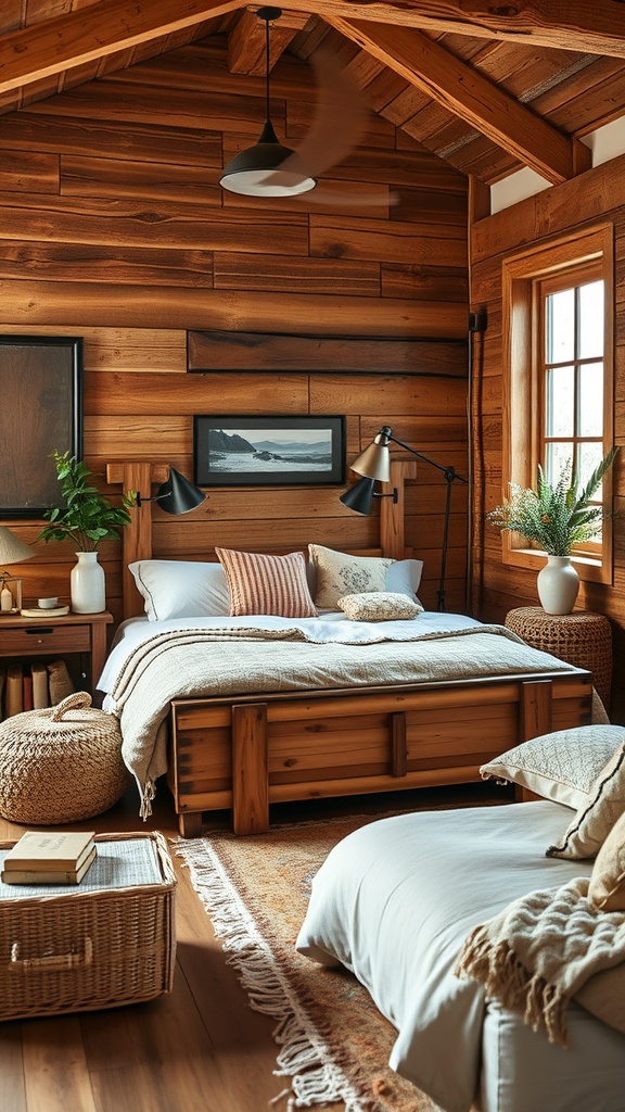 A cozy rustic bedroom featuring a corner bed with wooden walls and warm decor.