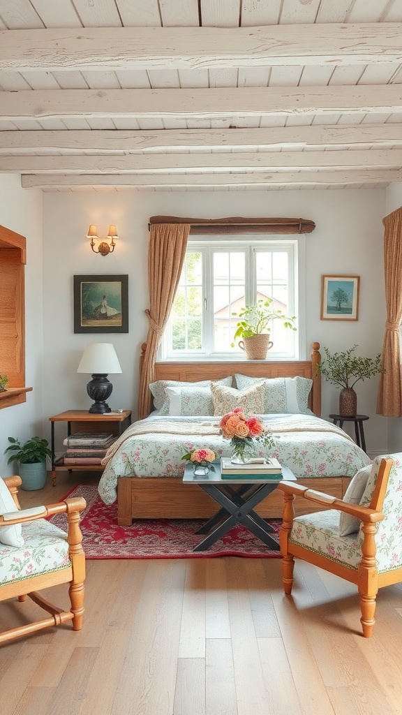 A cozy living room with rustic wooden beams, floral patterned chairs, and vintage decor.