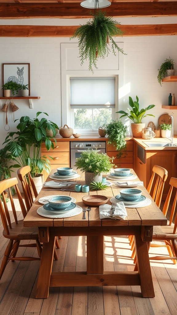 A rustic dining table set in a boho kitchen, surrounded by plants and wooden chairs.
