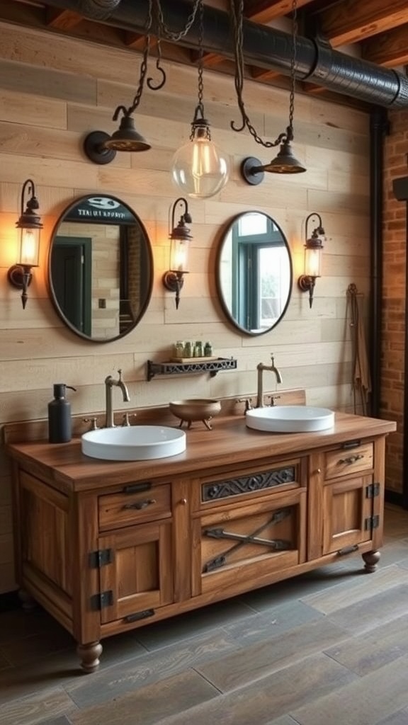 A rustic bathroom with a double sink vanity made of wood, featuring round mirrors and vintage-style lighting.