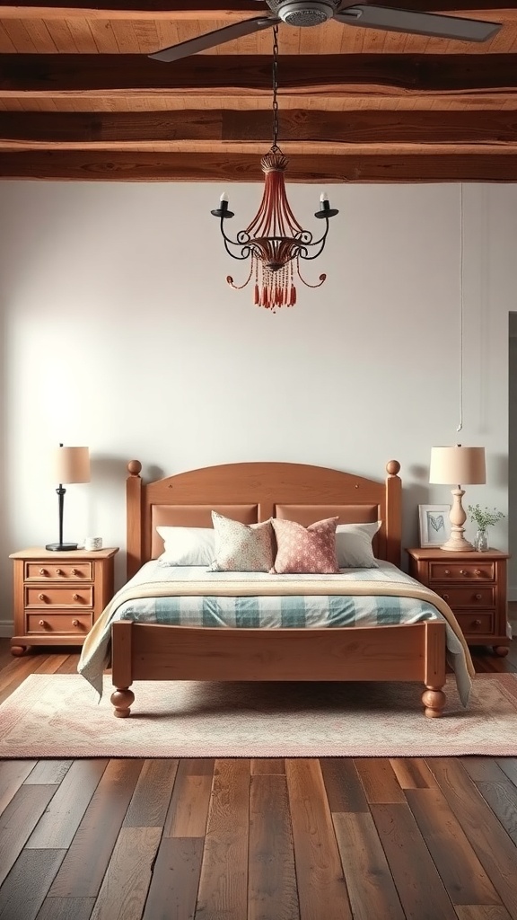 A rustic bedroom featuring a wooden bed frame, bedside tables, and a chandelier, with dusty rose accents.