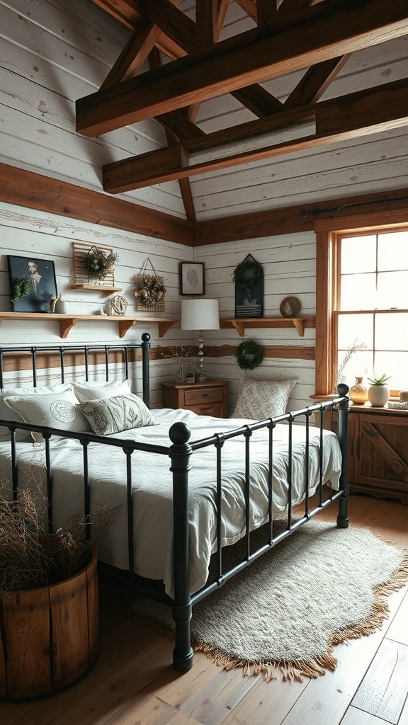A cozy bedroom featuring a black metal bed frame, wooden beams, and rustic decor.
