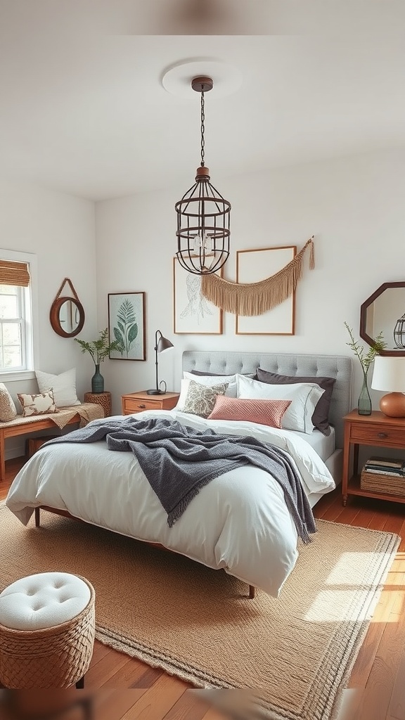 A cozy boho bedroom featuring rustic elements like wooden floors, a soft bed with layered linens, and decorative wall art.