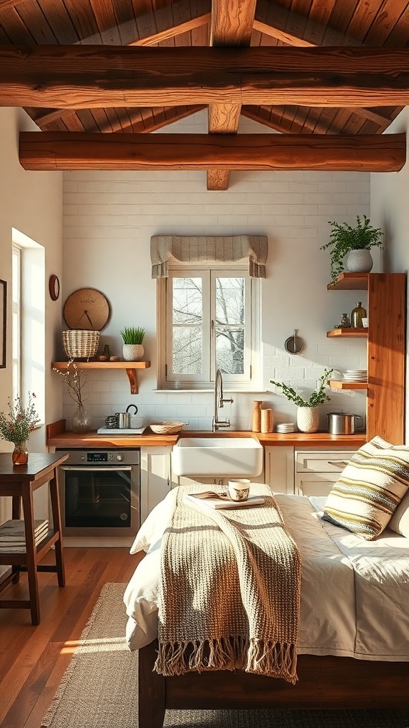 A rustic kitchen with wooden beams, warm tones, and cozy decor.