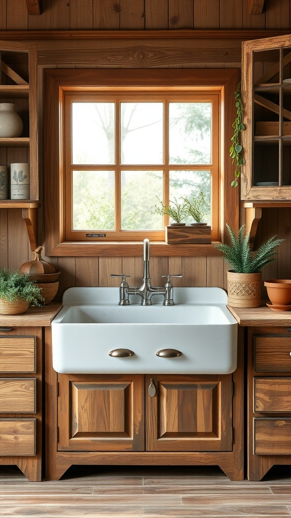 Rustic bathroom sink with apron front, surrounded by wooden cabinetry and plants