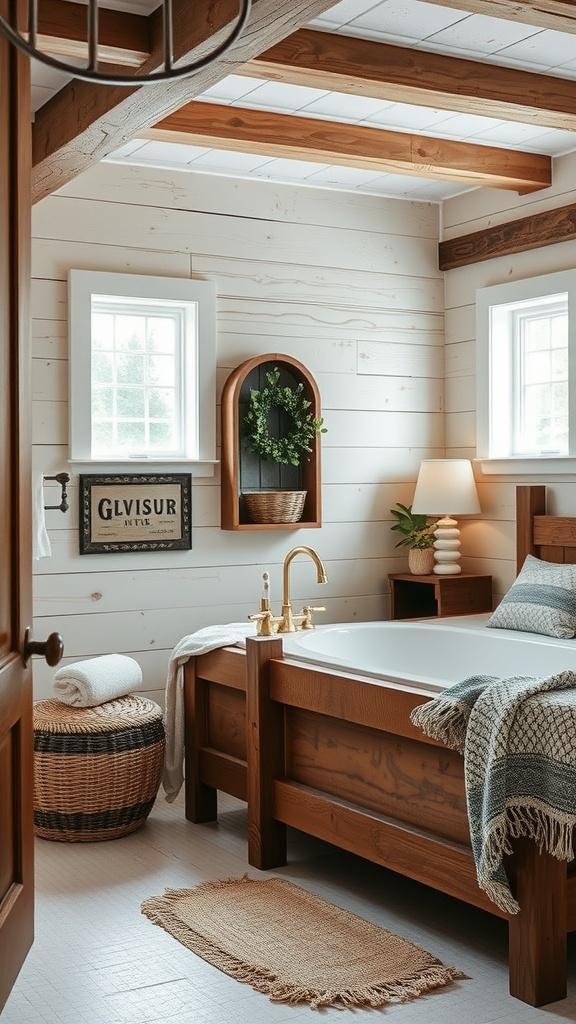 A rustic farmhouse bathroom featuring wooden beams, a freestanding tub, and natural decor.