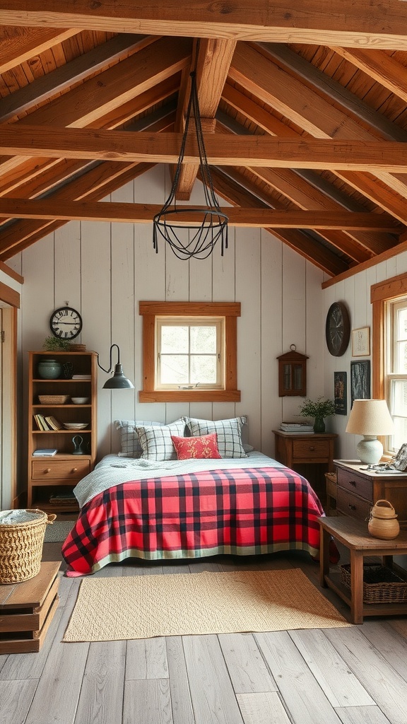 A rustic farmhouse bedroom featuring wooden beams, plaid blanket, and vintage decor.