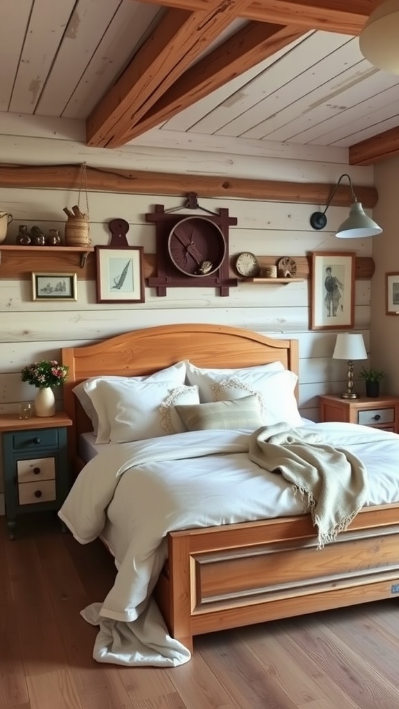 A cozy rustic farmhouse style bedroom featuring a wooden bed, soft bedding, and vintage decor