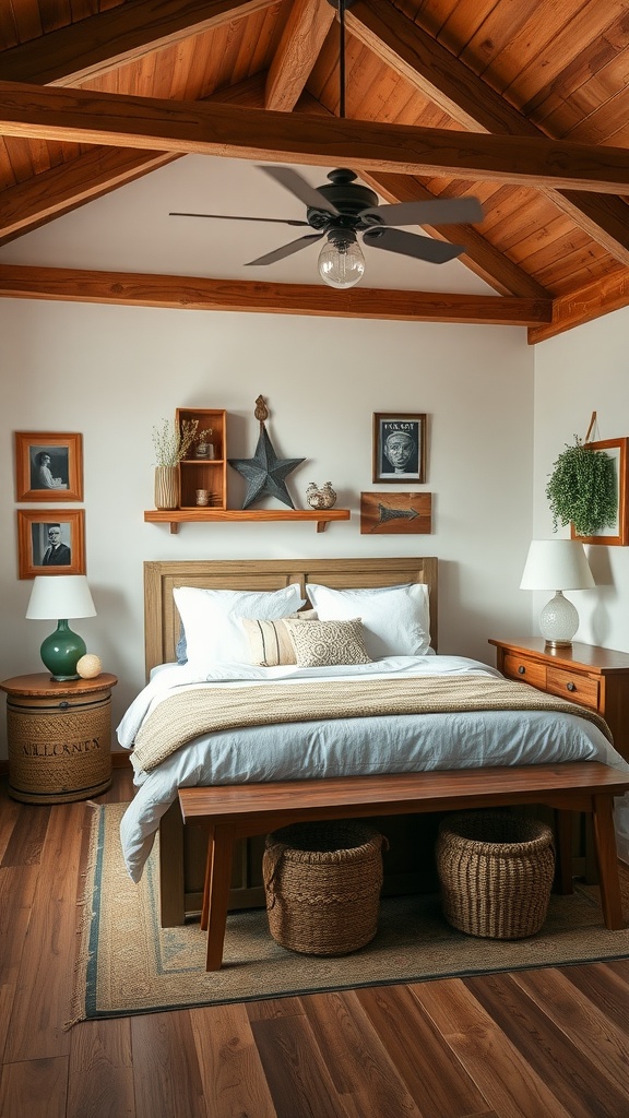 A cozy bedroom featuring rustic farmhouse decor with wooden beams, a comfortable bed, and decorative accents.