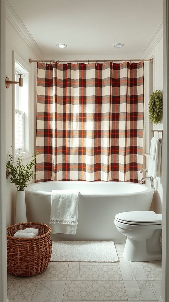 A bathroom featuring a plaid shower curtain, a freestanding tub, and rustic decor.