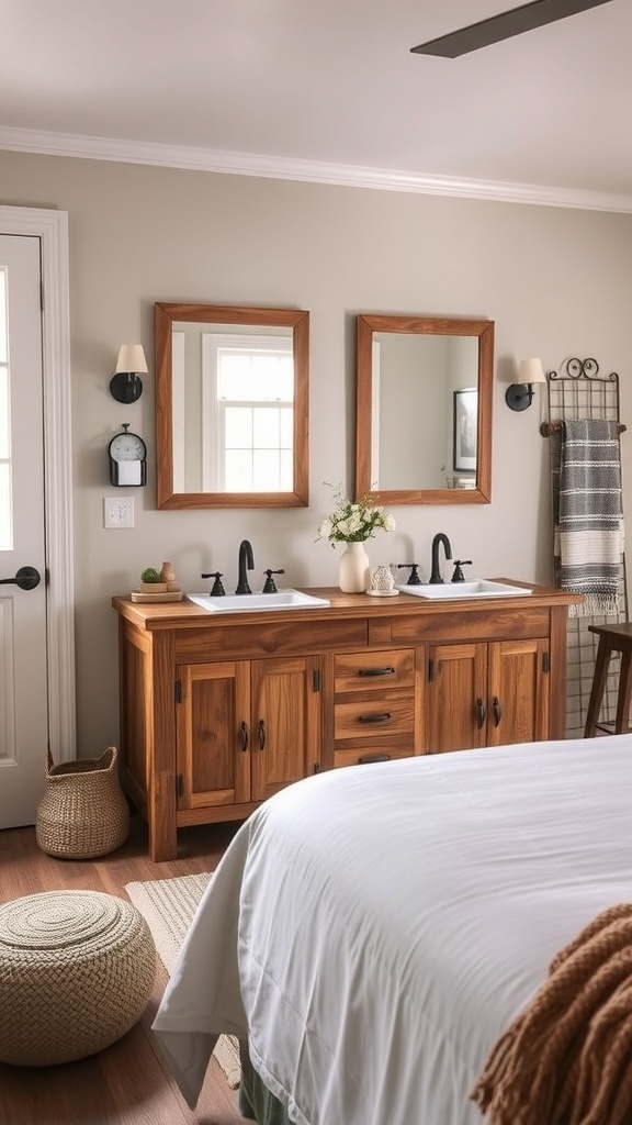 A rustic farmhouse double vanity bathroom with wooden vanity, two sinks, and warm lighting.