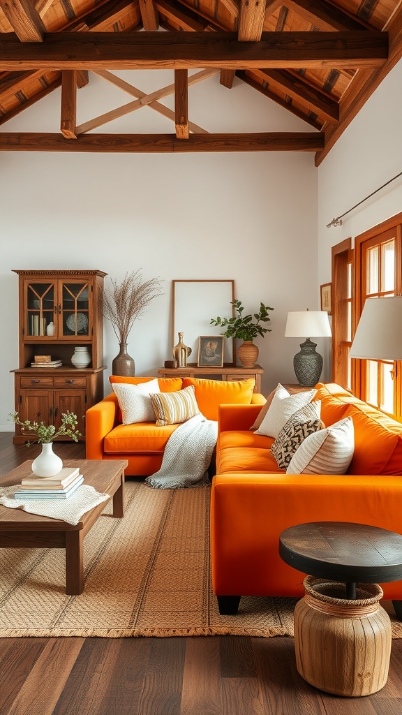 A cozy living room featuring an orange sofa, wooden beams, and rustic decor.