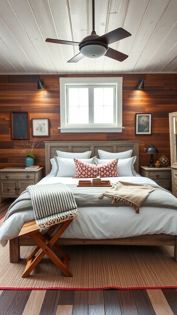 A cozy rustic farmhouse bedroom with wooden walls, a comfortable bed, and warm lighting.