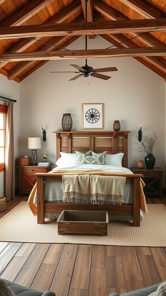 A rustic farmhouse bedroom featuring wooden beams, a cozy bed with decorative pillows, and warm lighting.