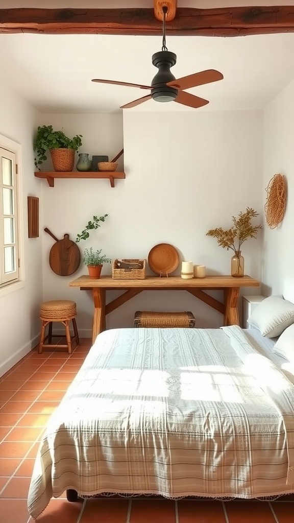 A cozy bedroom featuring terracotta floor tiles, a wooden table, and natural decor elements.