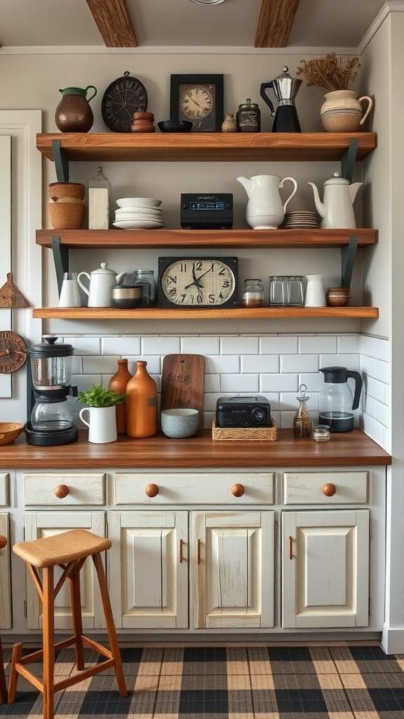 A rustic farmhouse coffee bar with wooden shelves, coffee essentials, and a cozy atmosphere.