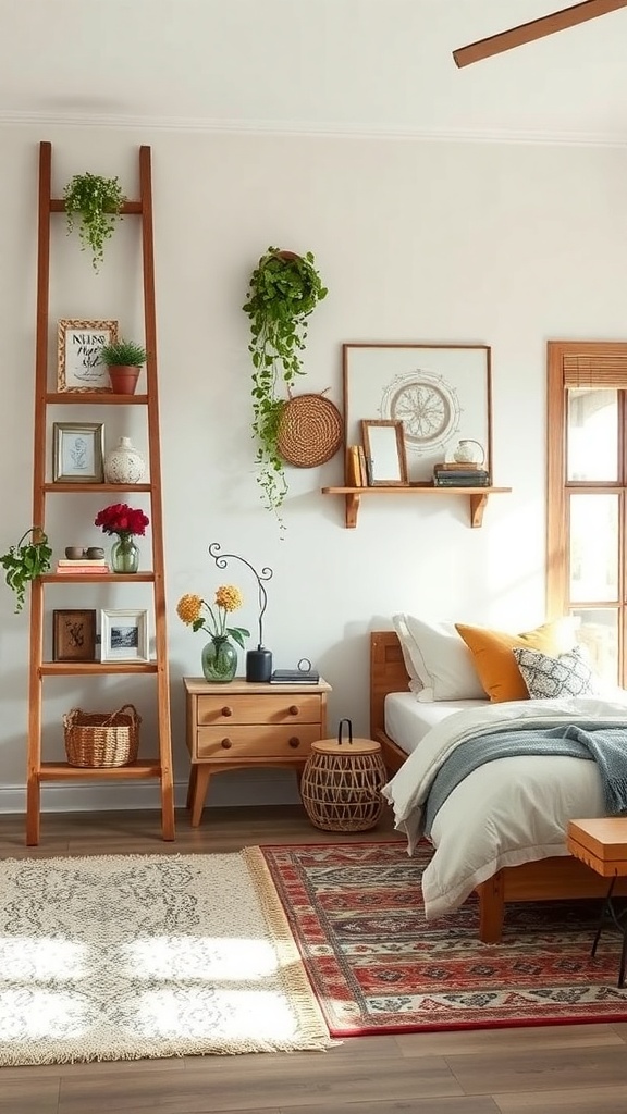 A wooden ladder used for decor in a rustic farmhouse bedroom, featuring plants and framed pictures.