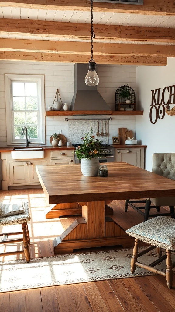 A rustic farmhouse kitchen with wooden beams, a large wooden table, and natural light.