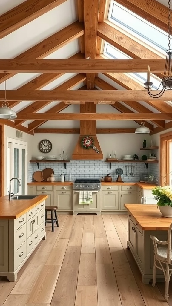 A rustic farmhouse kitchen extension with wooden beams, cabinets, and natural lighting.