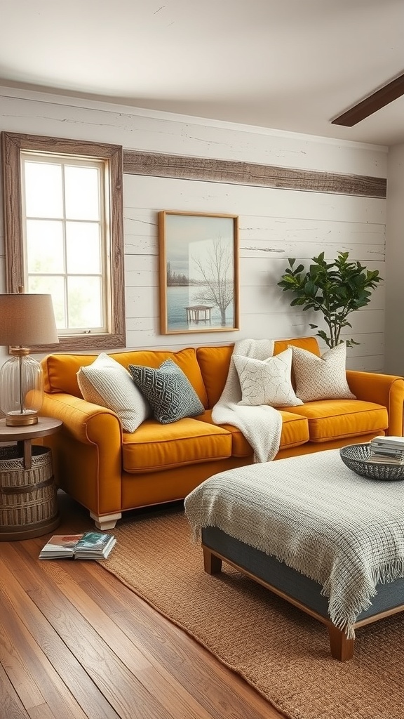 A cozy living room featuring a mustard sofa, wooden elements, and rustic decor.
