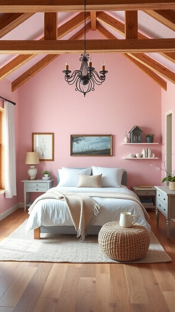 A cozy pink bedroom with rustic farmhouse elements, featuring wooden beams, a white bed, and charming decor.