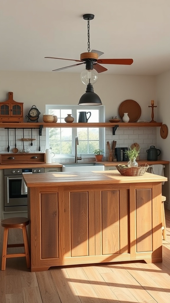 A rustic farmhouse kitchen island made of wood, with a stool beside it, surrounded by open shelving and natural light.