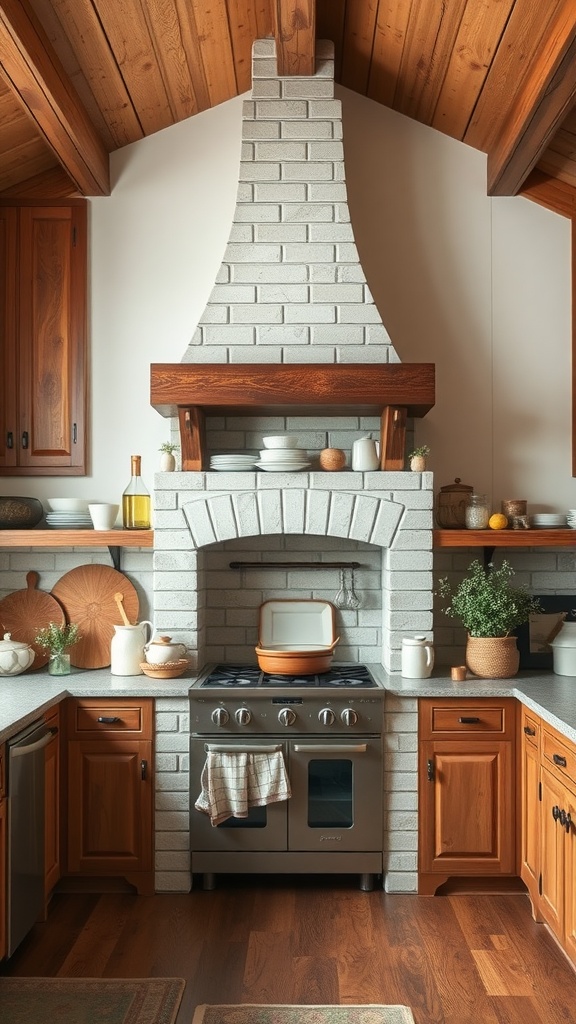 A rustic farmhouse kitchen featuring a tall brick chimney, wooden cabinets, and a modern gas range.