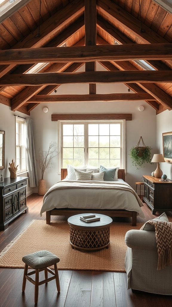 A rustic farmhouse loft bedroom featuring wooden beams, large windows, and cozy furnishings.