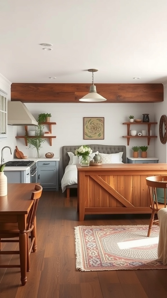 A rustic farmhouse kitchen with a pass-through design featuring wooden elements and a cozy atmosphere.