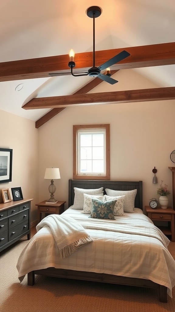 A cozy basement bedroom featuring wooden beams, a comfortable bed with soft linens, and a warm color palette.