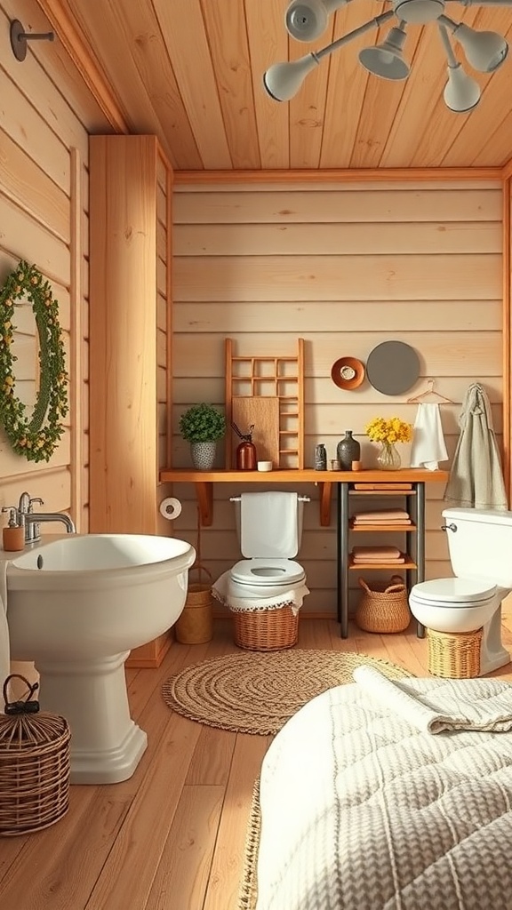 A rustic farmhouse bathroom with wooden walls, a white sink, and decorative elements.