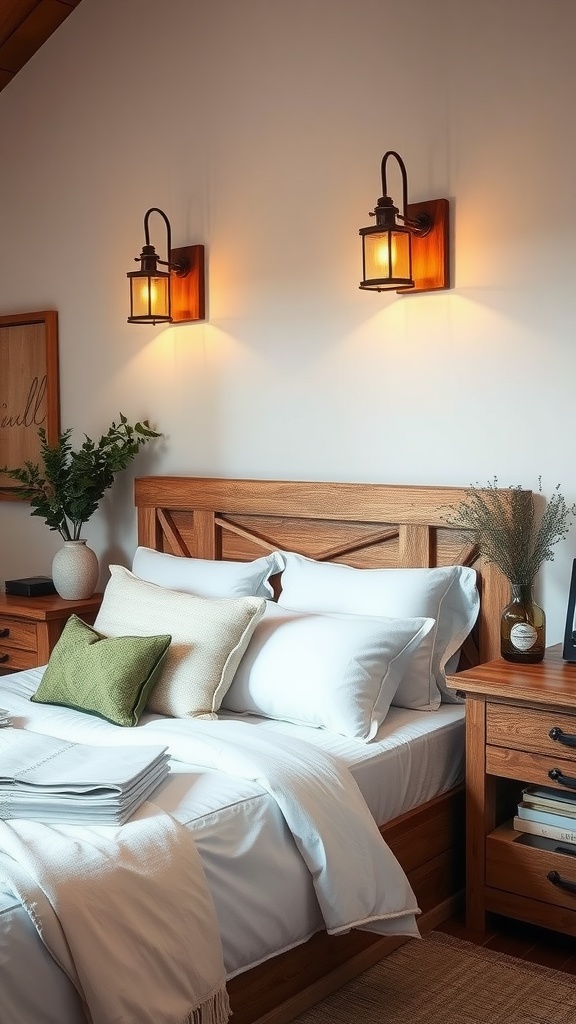 Rustic farmhouse sconces on the wall beside a wooden bed, creating a warm and cozy atmosphere in the bedroom.