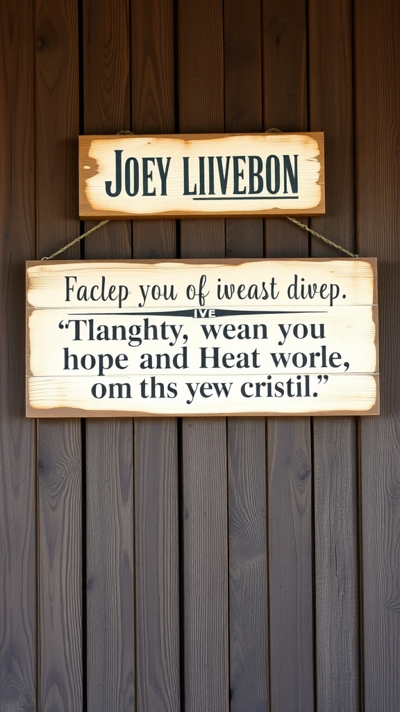 A rustic wooden sign with decorative text, hanging on a wall.