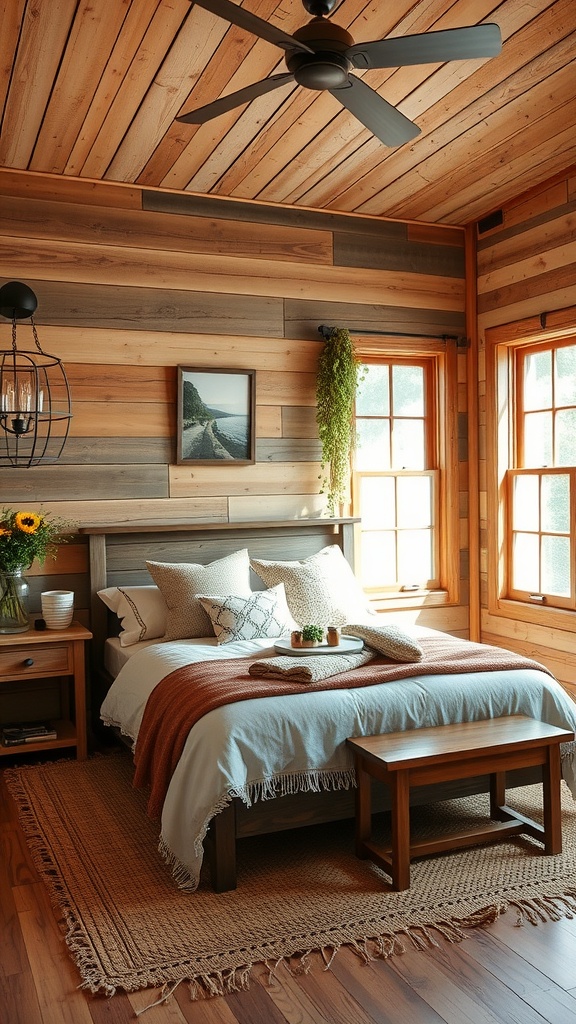A cozy rustic farmhouse style bedroom with wood paneling, comfortable bedding, and natural decor.