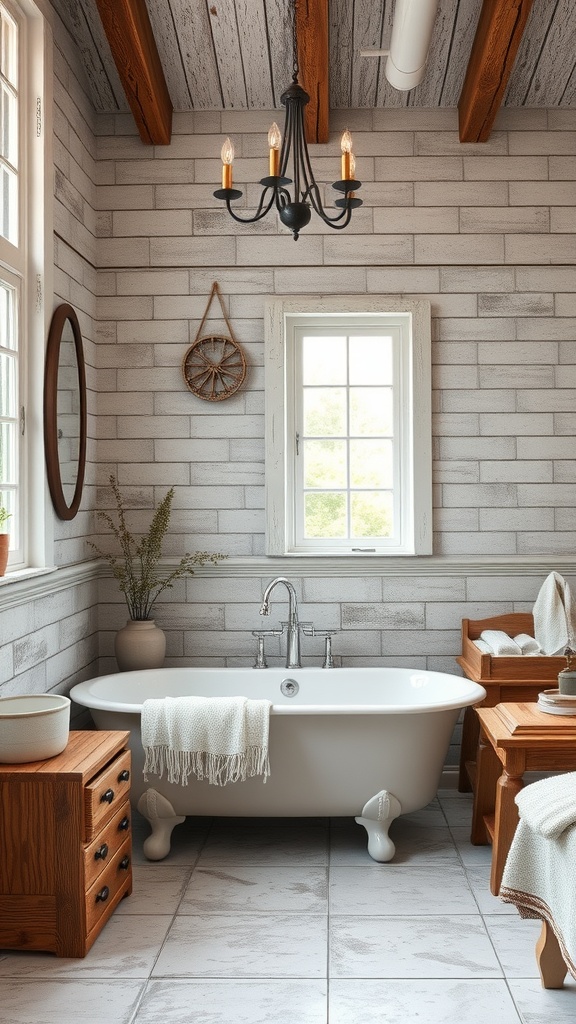 A rustic farmhouse style bathroom featuring a freestanding tub, wooden beams, and light-colored tile flooring.