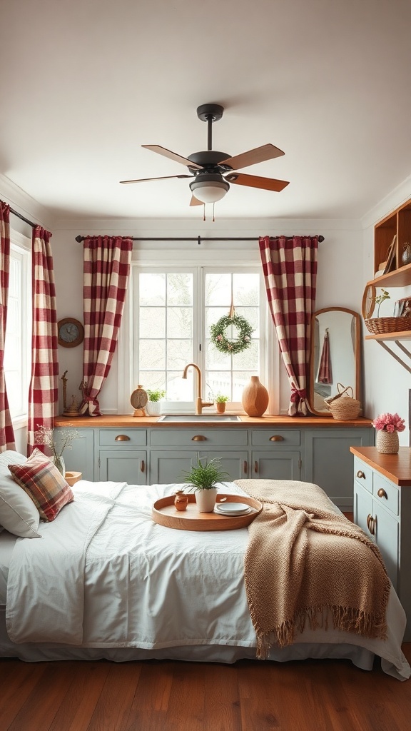 A cozy kitchen featuring plaid curtains, wooden accents, and rustic decor.