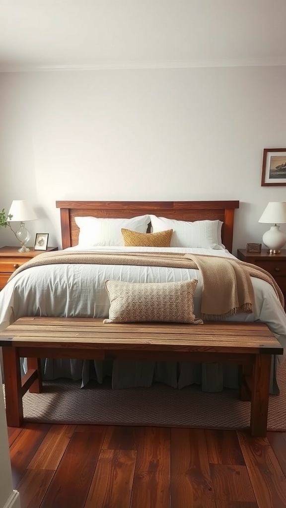 A rustic wooden bench at the end of a bed in a cozy bedroom setting.