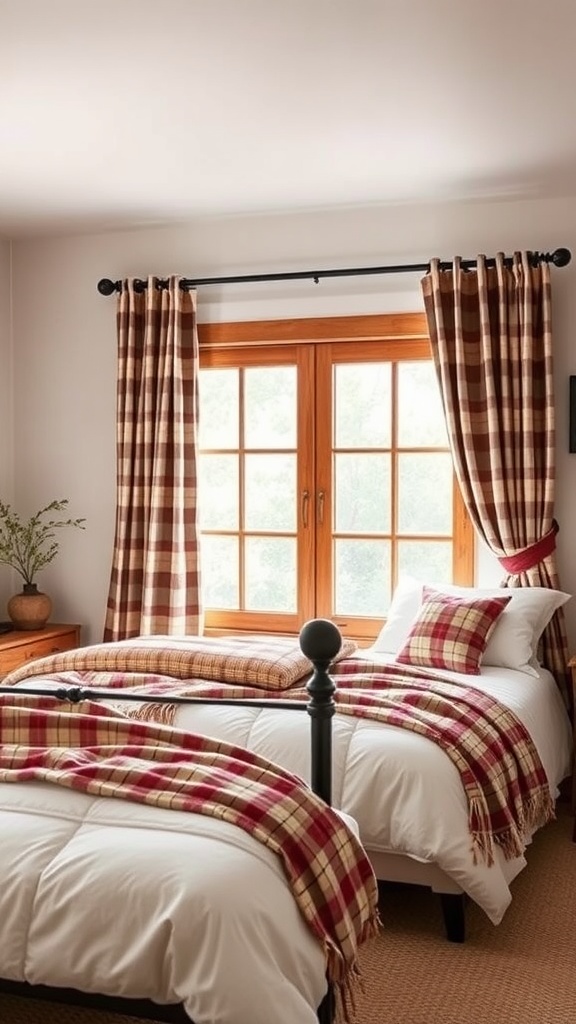 A cozy bedroom featuring plaid curtains and rustic decor.